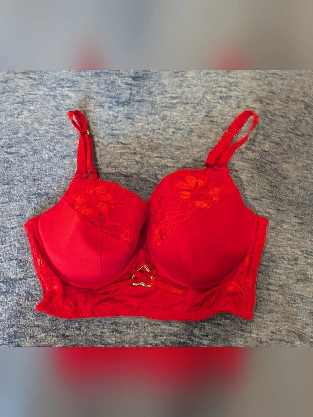 Cacique 40DD Red Lace Longline Bra with Gold Accents